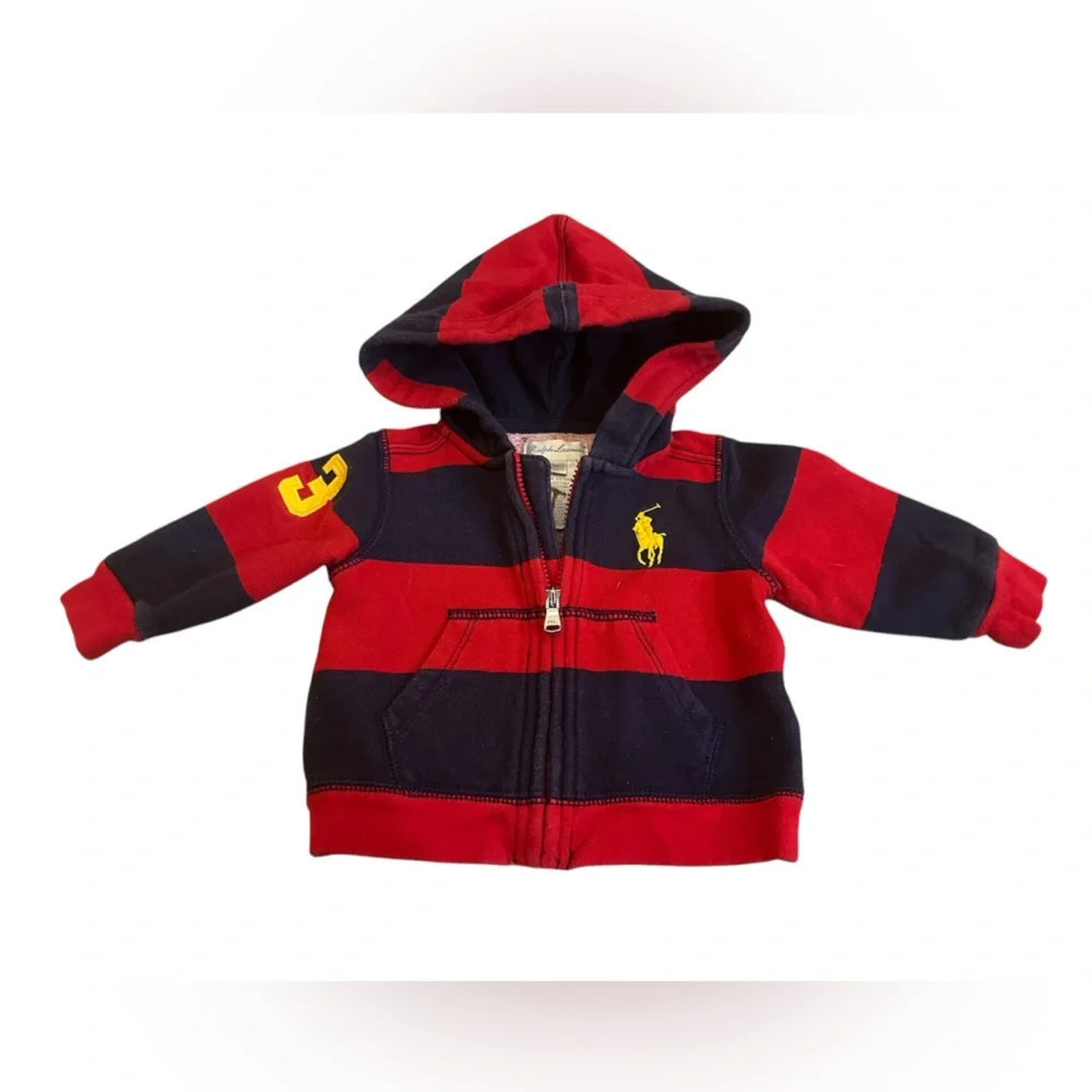 Ralph Lauren Baby Red Navy Stripe Zip Hoodie Big Pony Logo Preppy Size 3M